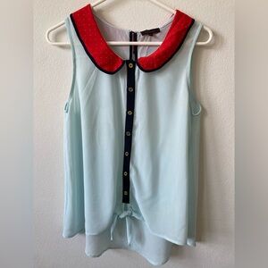 Lulumari Light Blue Sleeveless Top with Red Collar M